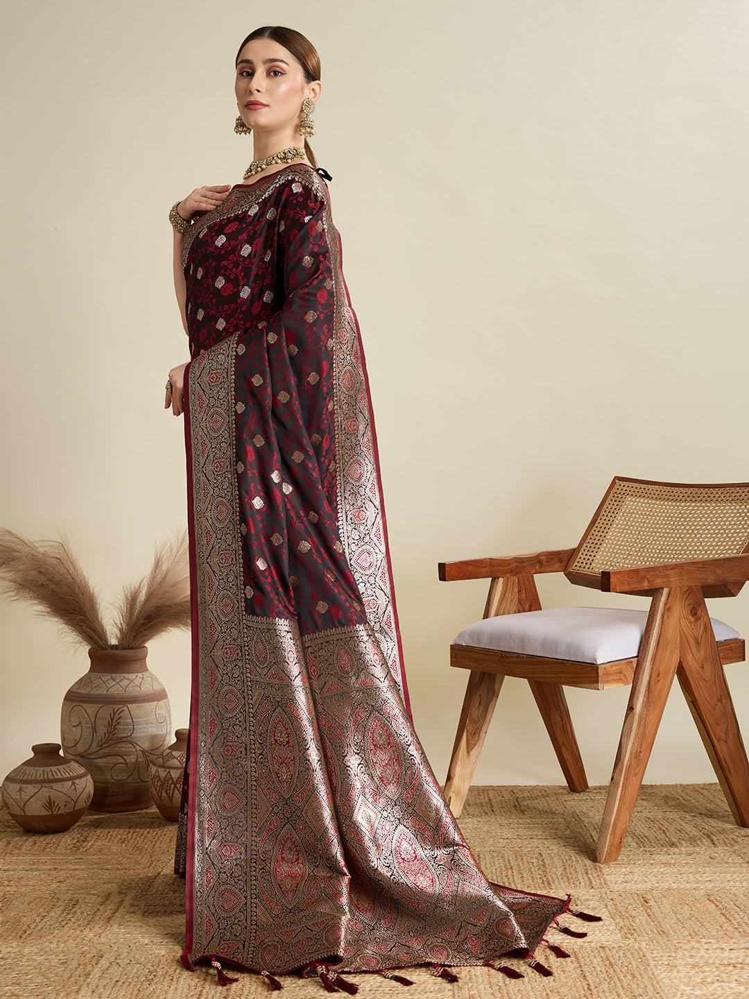 Deep Maroon Satin Wedding Saree with All-Over Jari Motifs