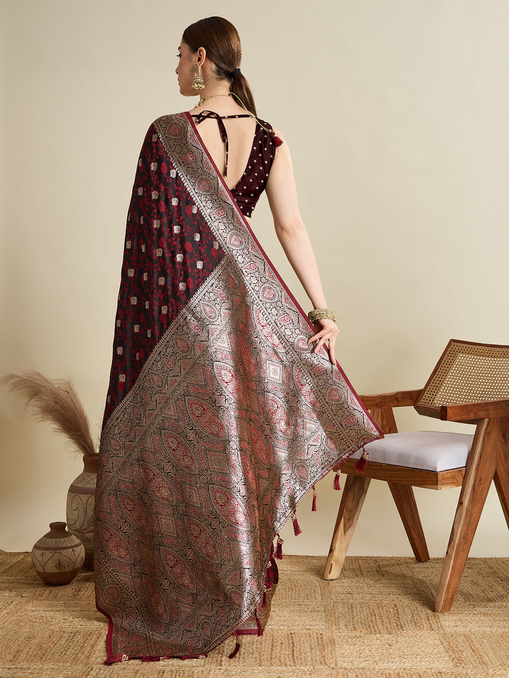 Deep Maroon Satin Wedding Saree with All-Over Jari Motifs