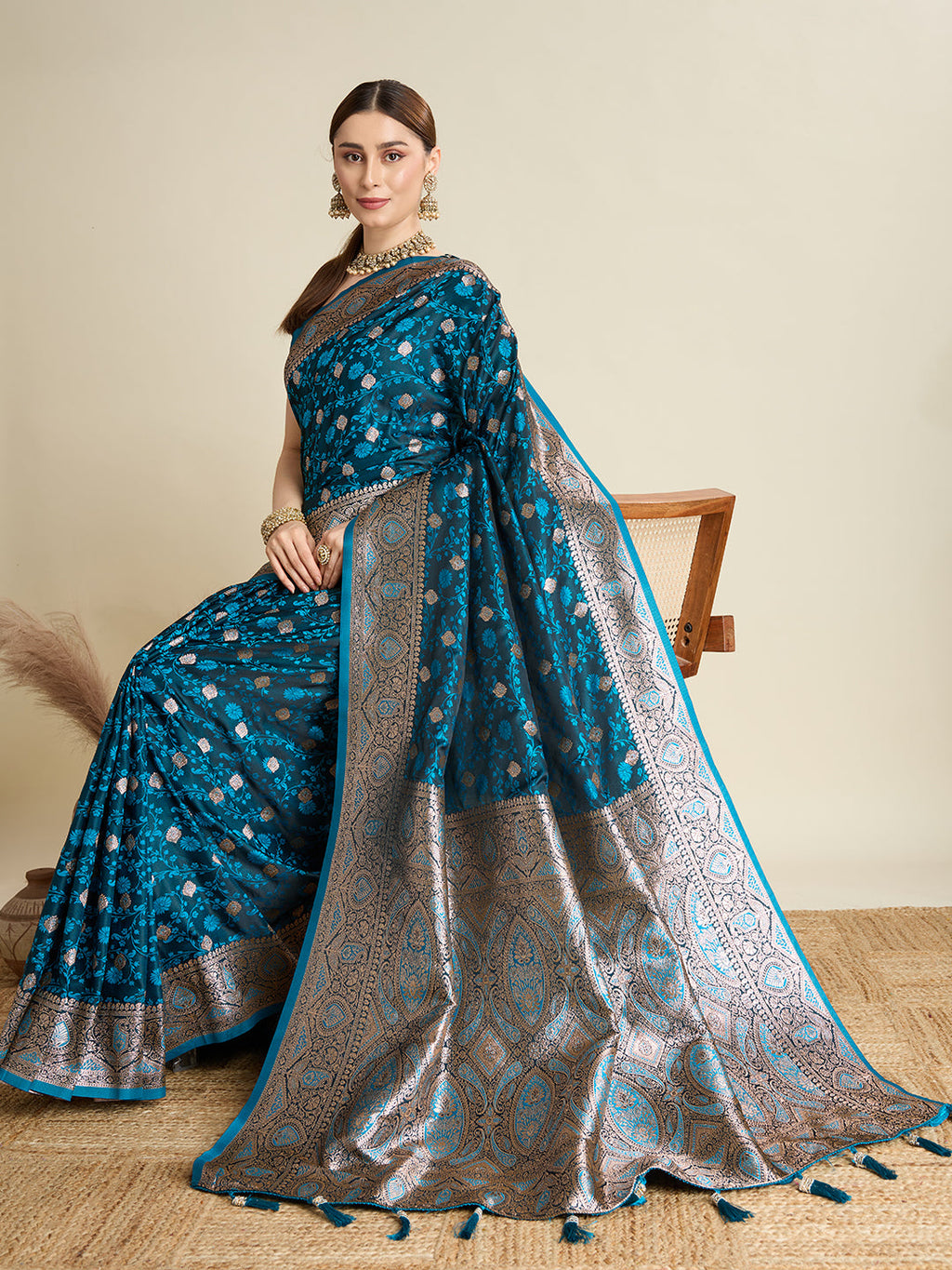 Navy Blue Satin Saree with All-Over Jari Motifs for Weddings