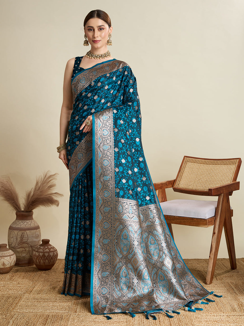 Navy Blue satin saree with all-over gold Jari motifs and matching pallu