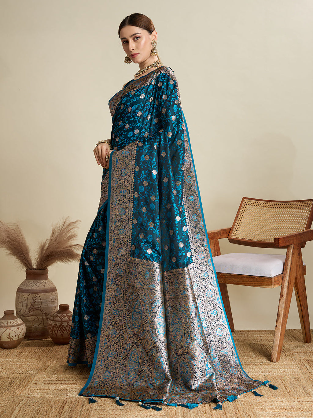 Navy Blue Satin Saree with All-Over Jari Motifs for Weddings