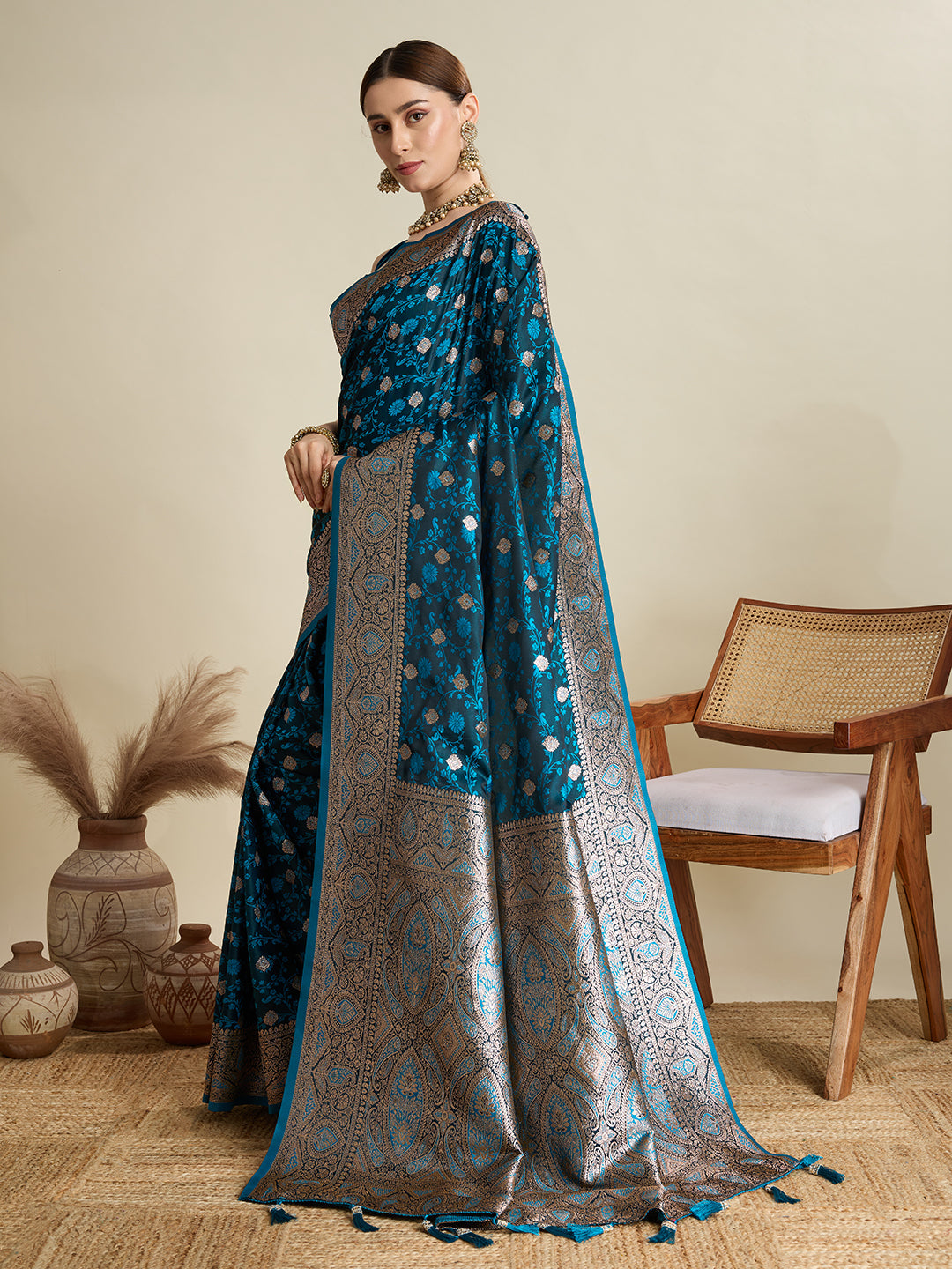 Navy Blue Satin Saree with All-Over Jari Motifs for Weddings