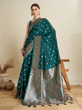 Green satin wedding saree with golden jari motifs