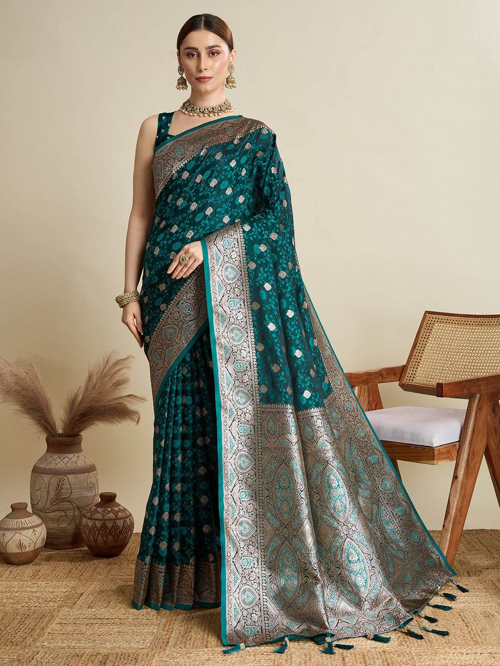 Green Satin Wedding Saree with Intricate Jari Motifs
