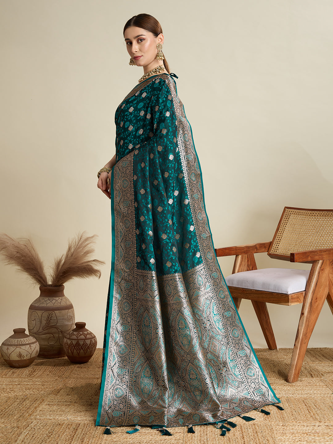 Green Satin Wedding Saree with Intricate Jari Motifs