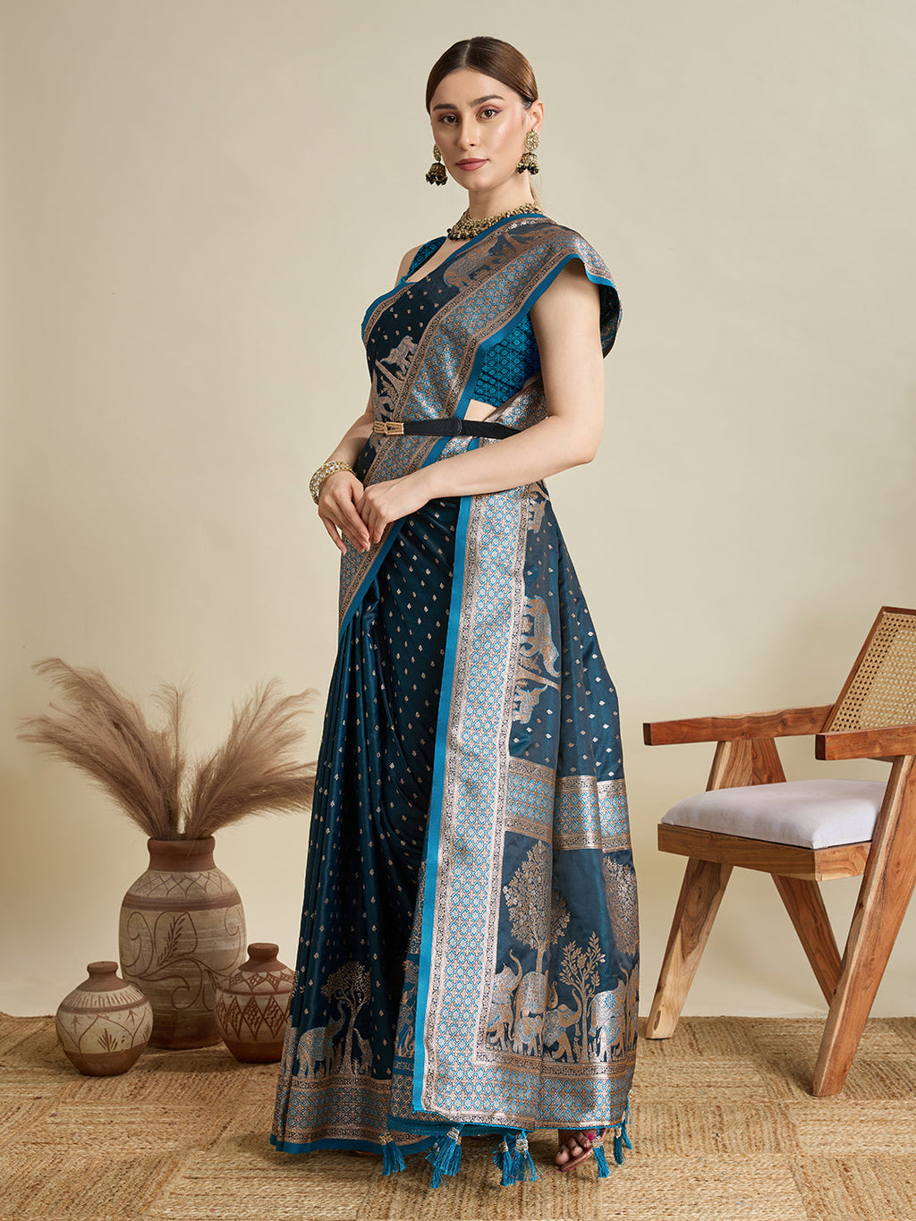 Teal Blue Satin Wedding Saree with Jari Pallu and Blouse