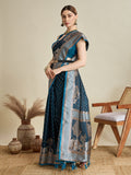 Teal Blue Satin Wedding Saree with Jari Pallu and Blouse