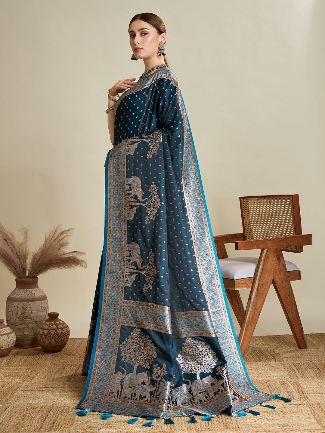 Teal Blue Satin Wedding Saree with Jari Pallu and Blouse