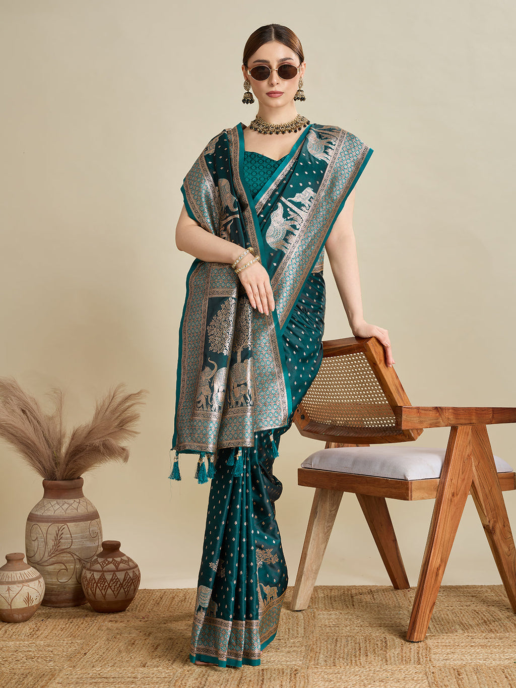 Teal Blue Satin Wedding Saree with All Over Jari Motifs