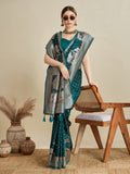 Teal Blue Satin Wedding Saree with All Over Jari Motifs