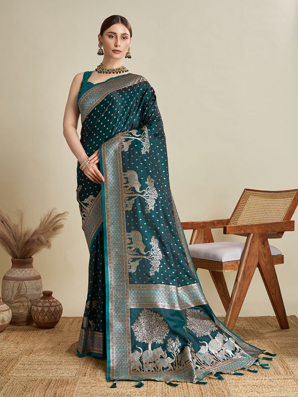 Teal Blue satin wedding saree featuring all-over intricate zari motifs.