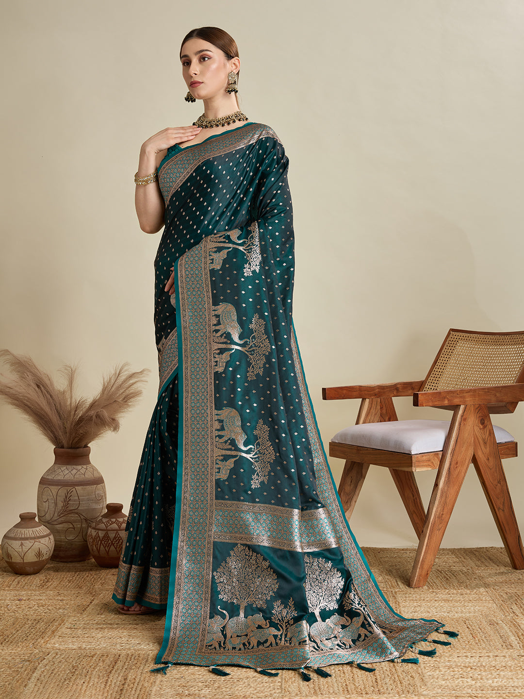 Teal Blue Satin Wedding Saree with All Over Jari Motifs