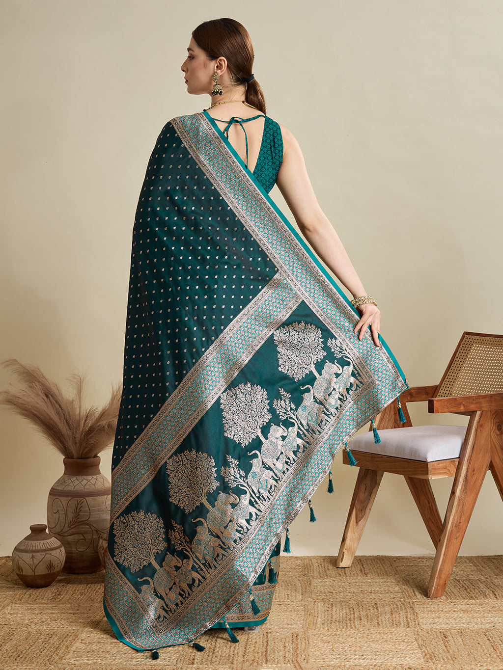 Teal Blue Satin Wedding Saree with All Over Jari Motifs