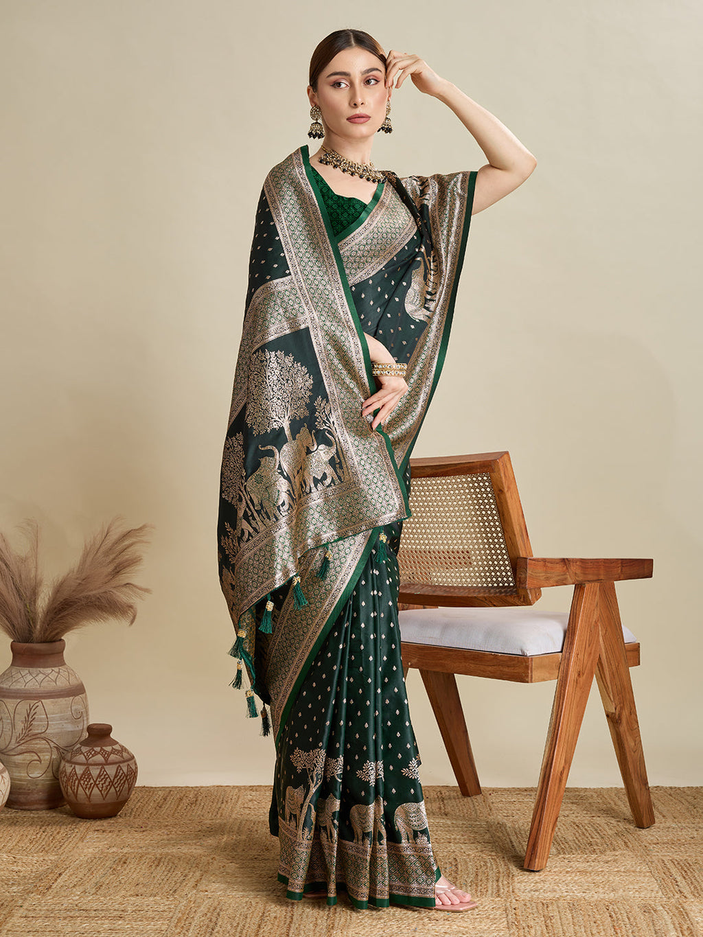Green Satin Saree with All Over Jari Motifs and Unstitched Blouse