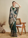 Green Satin Saree with All Over Jari Motifs and Unstitched Blouse