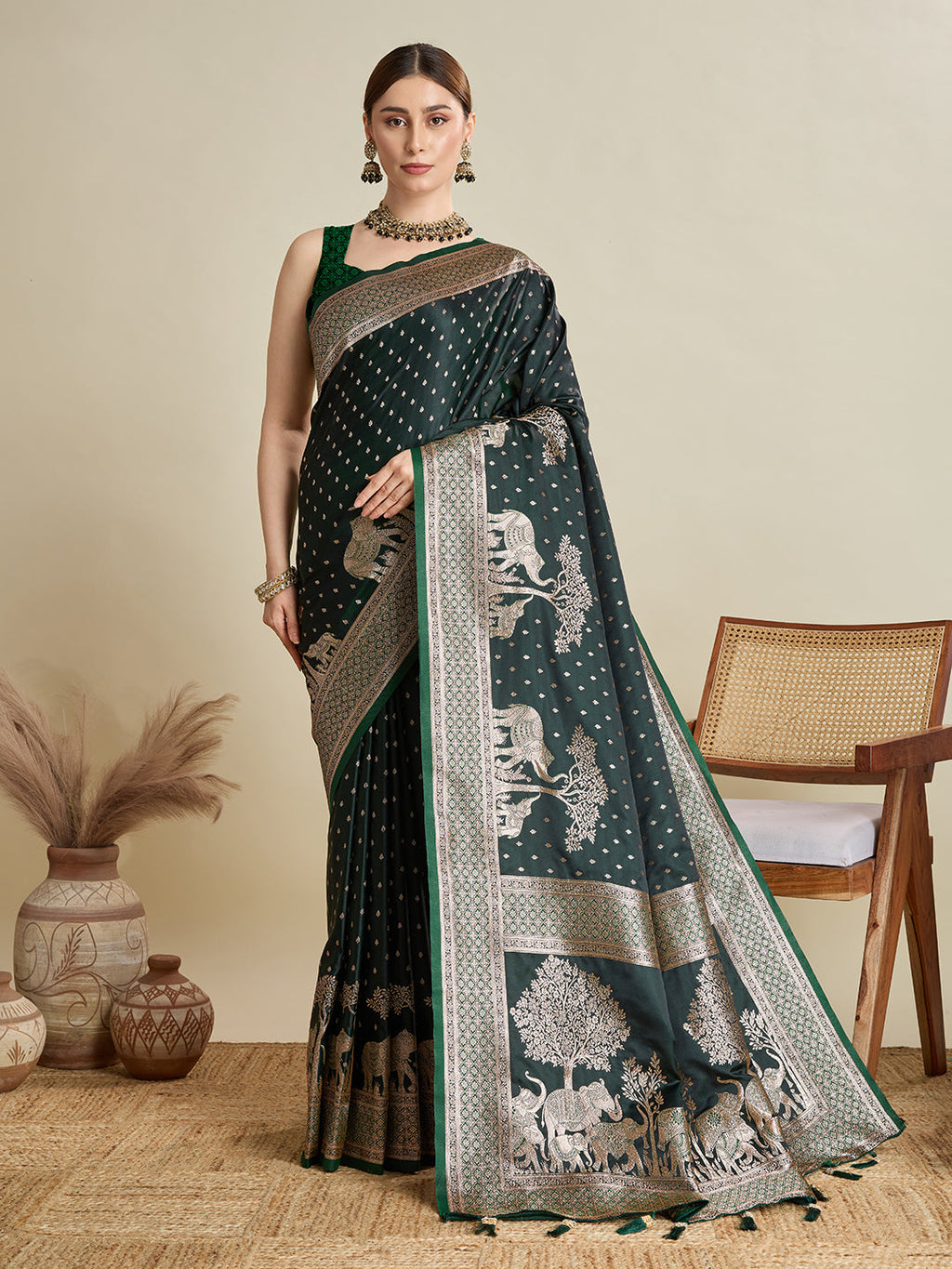 Elegant green satin wedding saree with intricate jari motifs