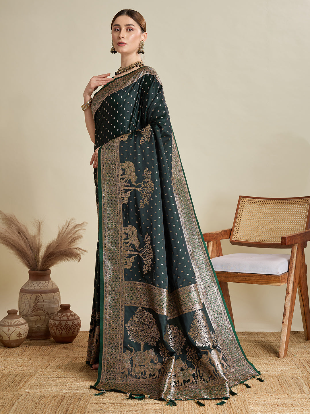 Green Satin Saree with All Over Jari Motifs and Unstitched Blouse