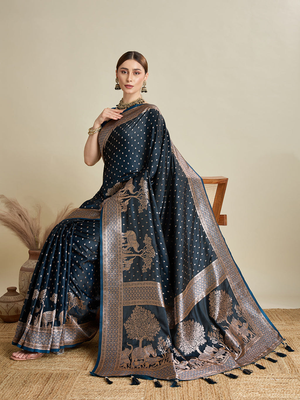 Deep Teal Green Satin Wedding Saree with Jari Motifs & Blouse