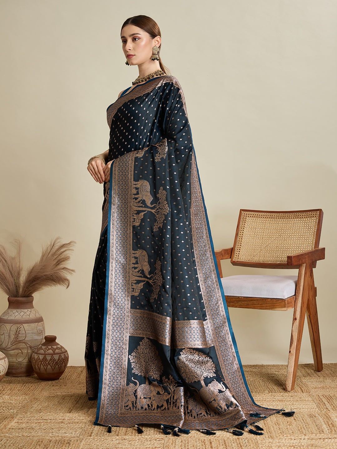 Deep Teal Green Satin Wedding Saree with Jari Motifs & Blouse