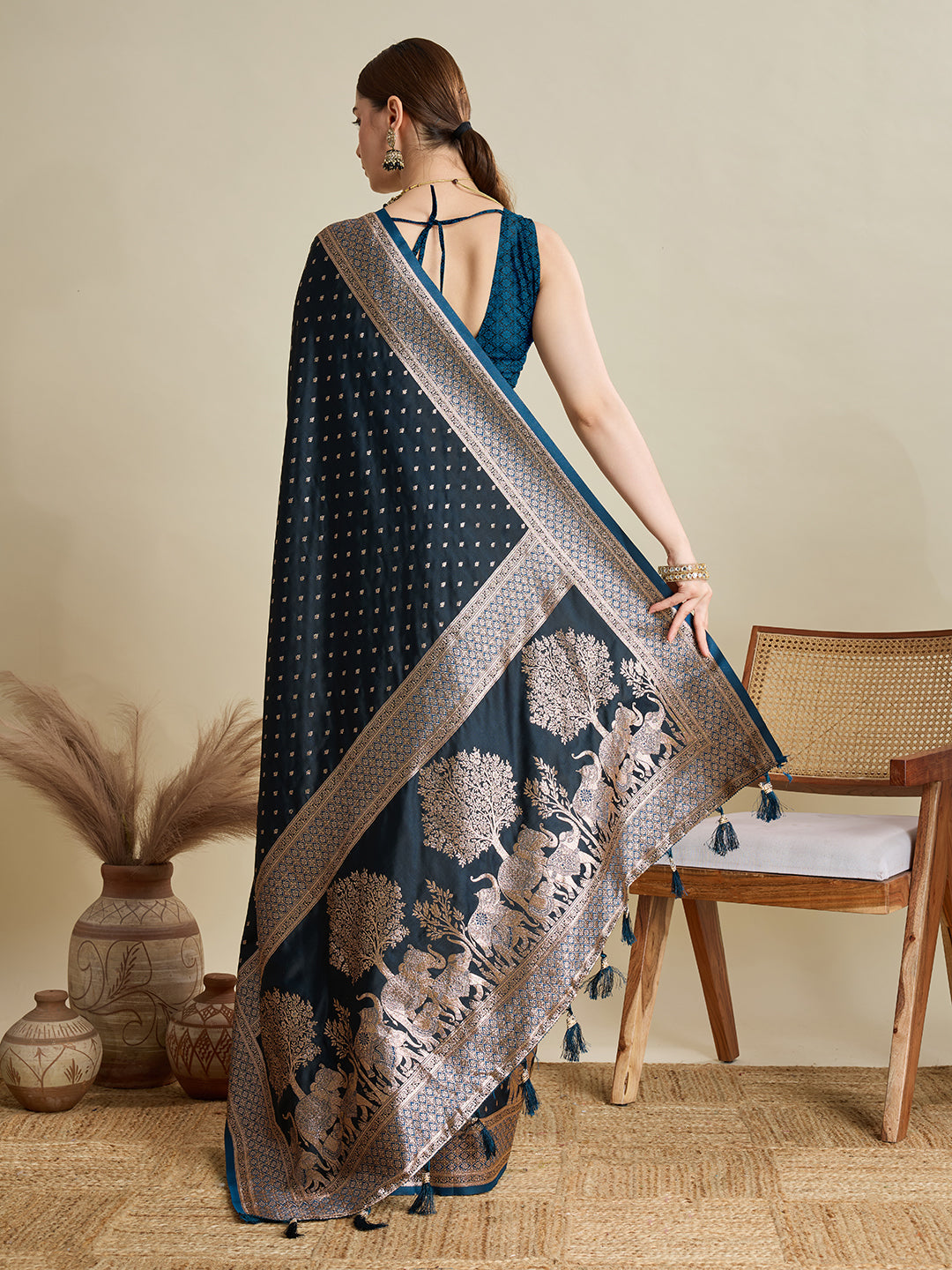 Deep Teal Green Satin Wedding Saree with Jari Motifs & Blouse