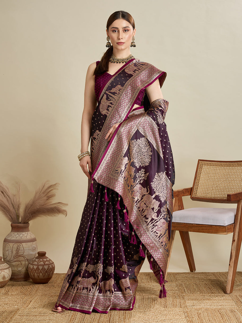 Dark Wine Satin Wedding Saree with Intricate Jari Pallu