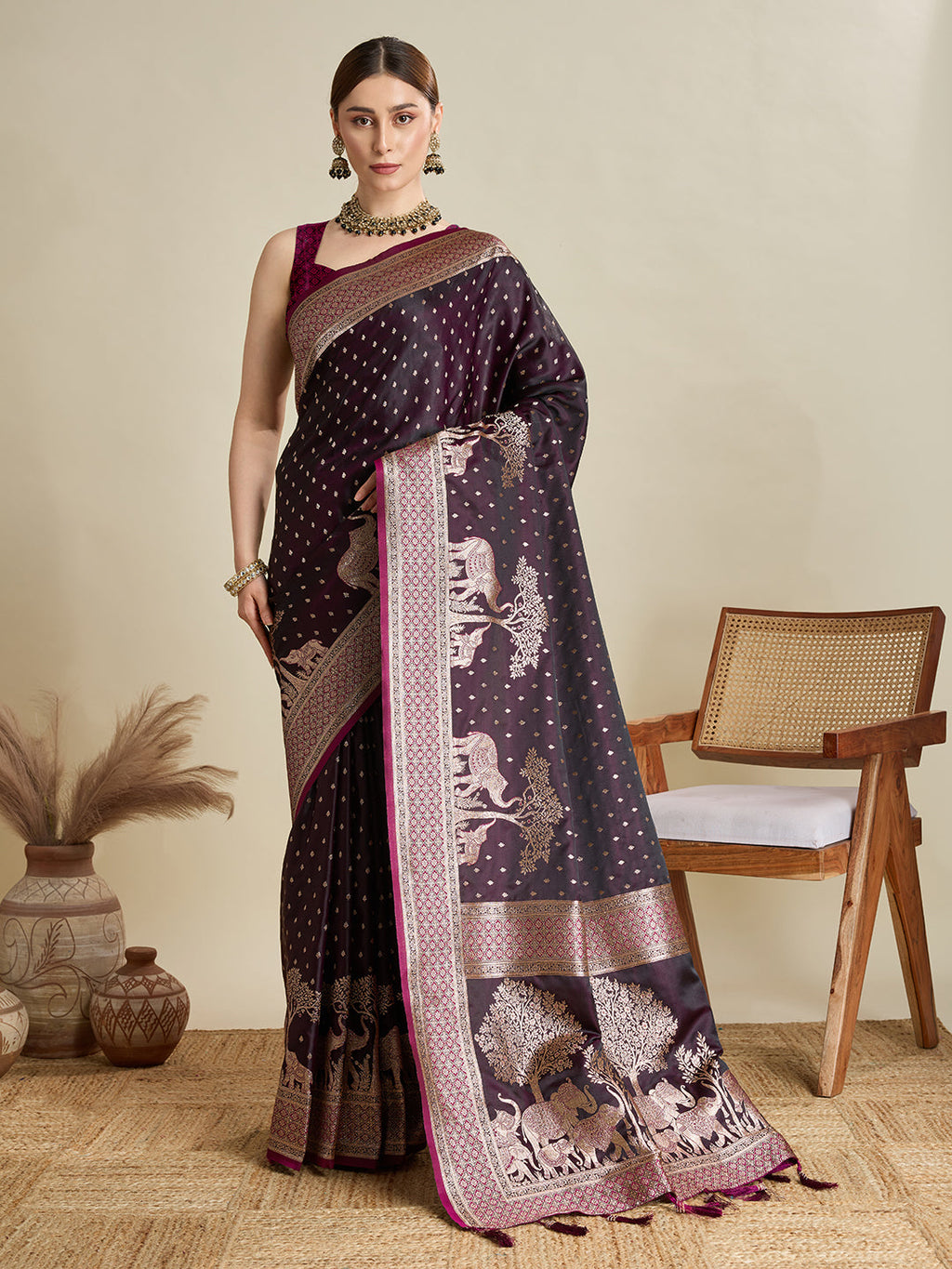 Dark Wine Satin wedding saree with intricate Jari motifs and elegant pallu.