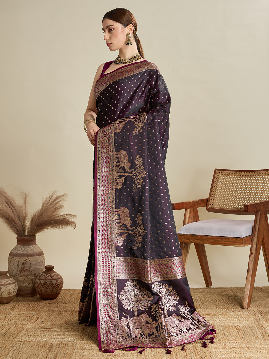 Dark Wine Satin Wedding Saree with Intricate Jari Pallu