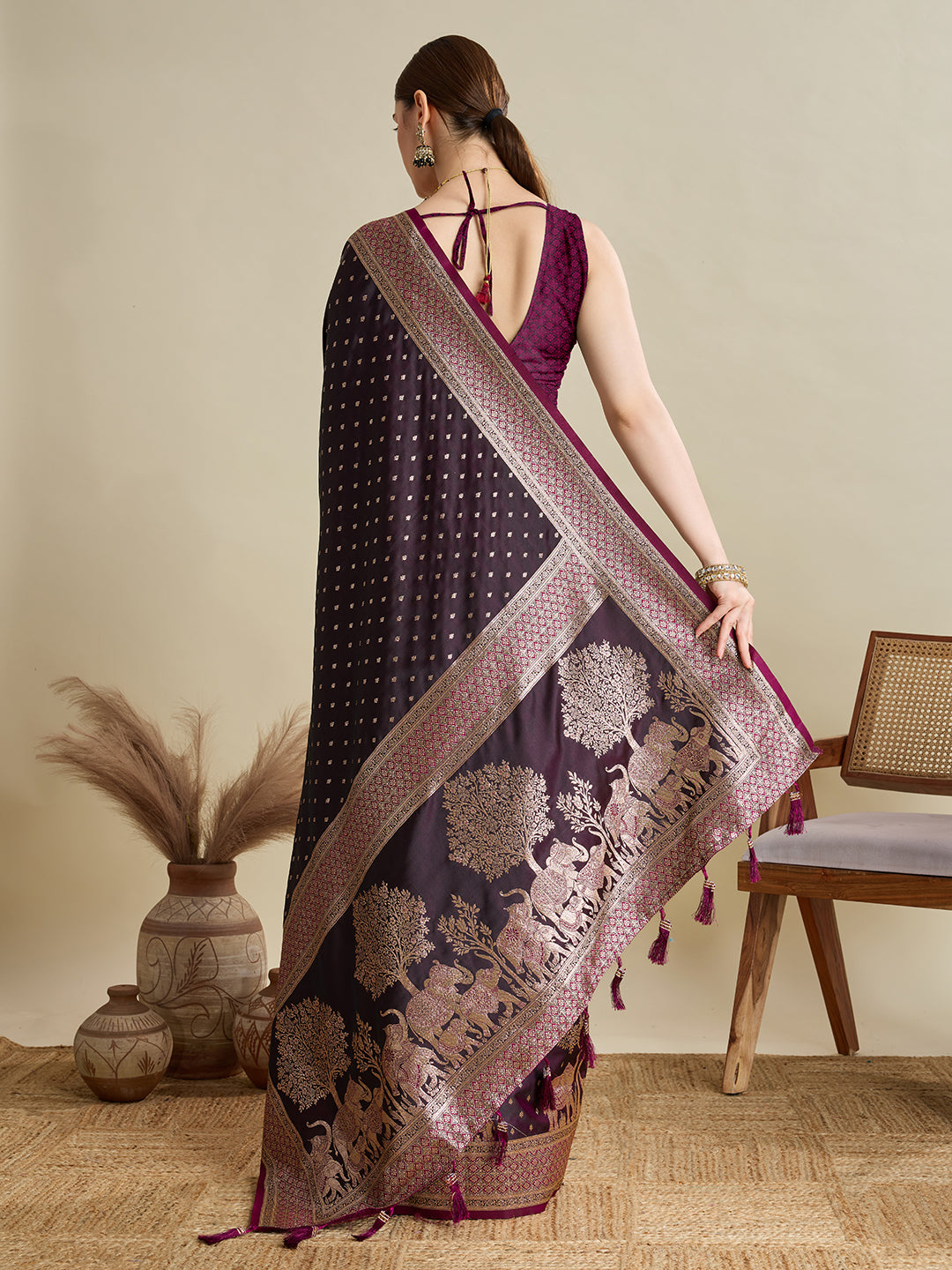 Dark Wine Satin Wedding Saree with Intricate Jari Pallu
