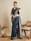Teal Blue Satin Wedding Saree with All-Over Jari Motifs