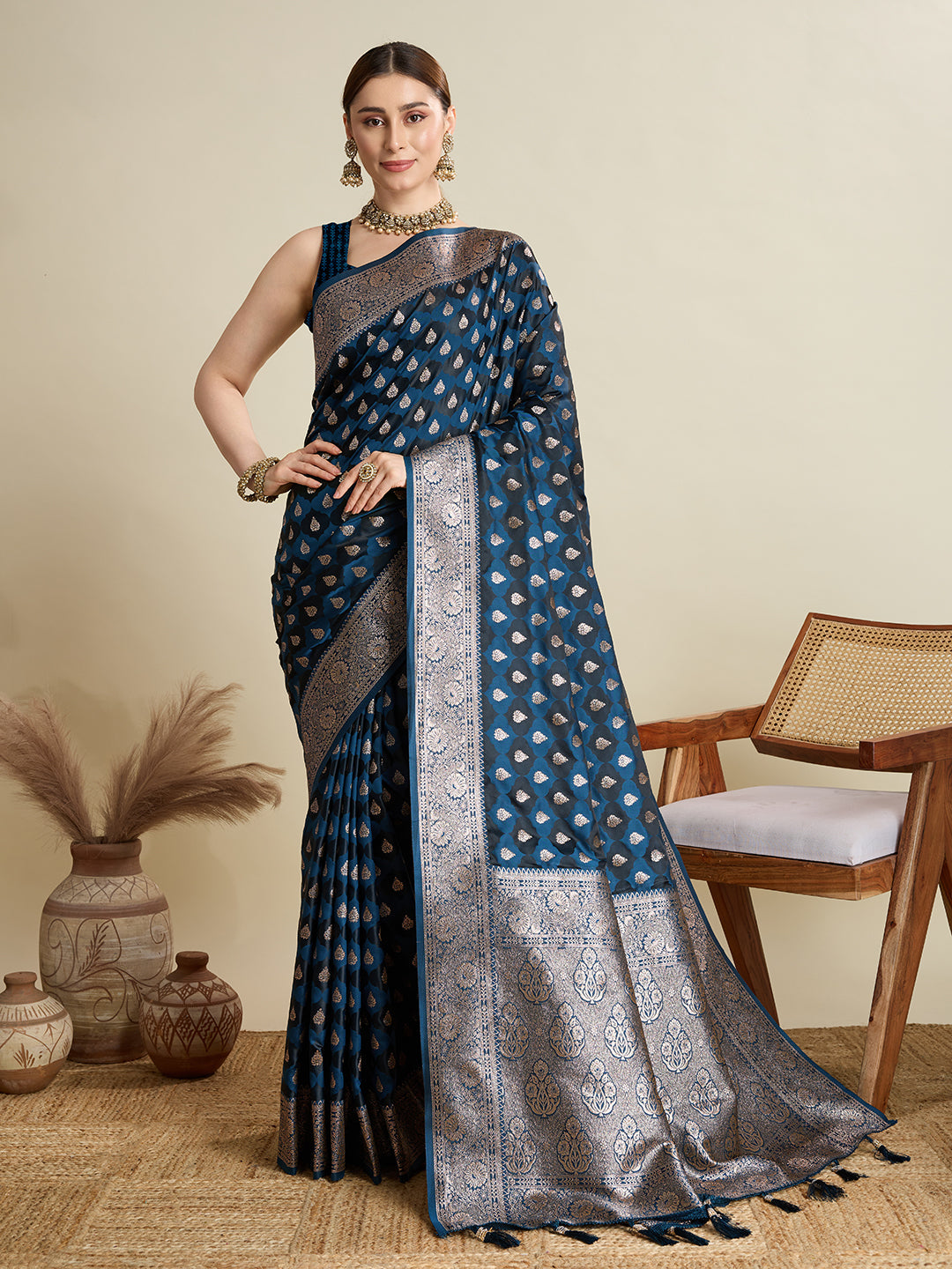 Teal Blue Satin saree with all-over Jari motif detailing