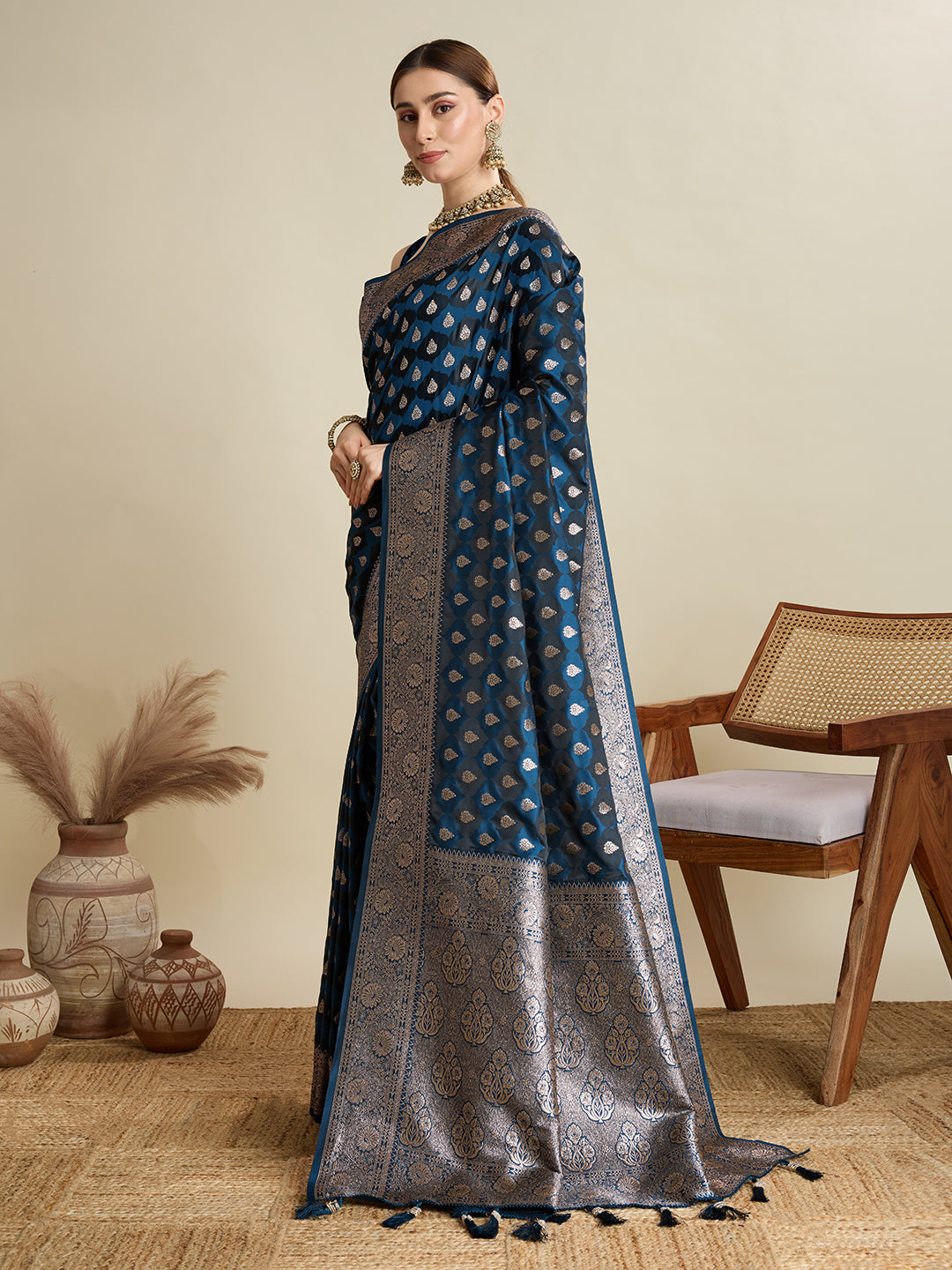 Teal Blue Satin Wedding Saree with All-Over Jari Motifs