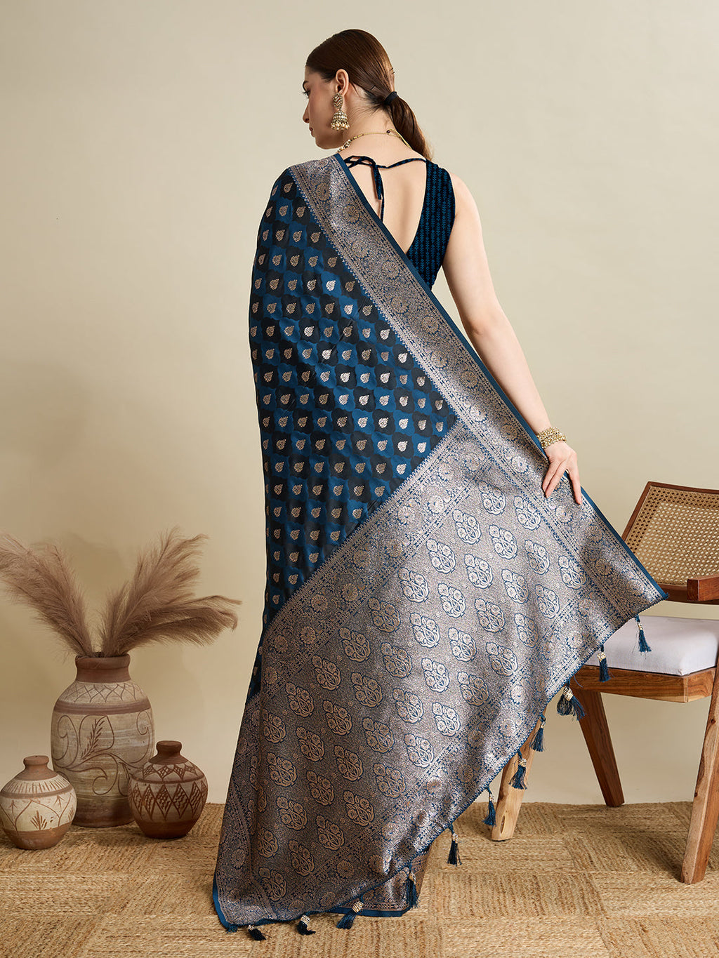 Teal Blue Satin Wedding Saree with All-Over Jari Motifs