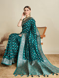 Green Satin Wedding Saree with All Over Jari Motifs