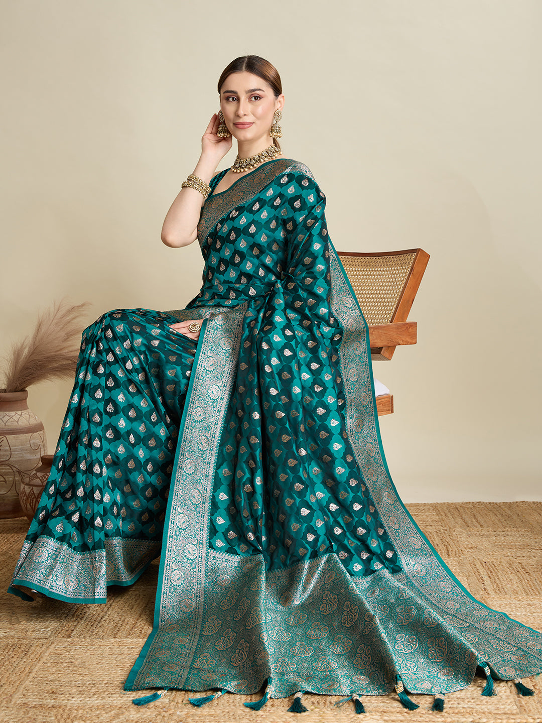 Green Satin Wedding Saree with All Over Jari Motifs