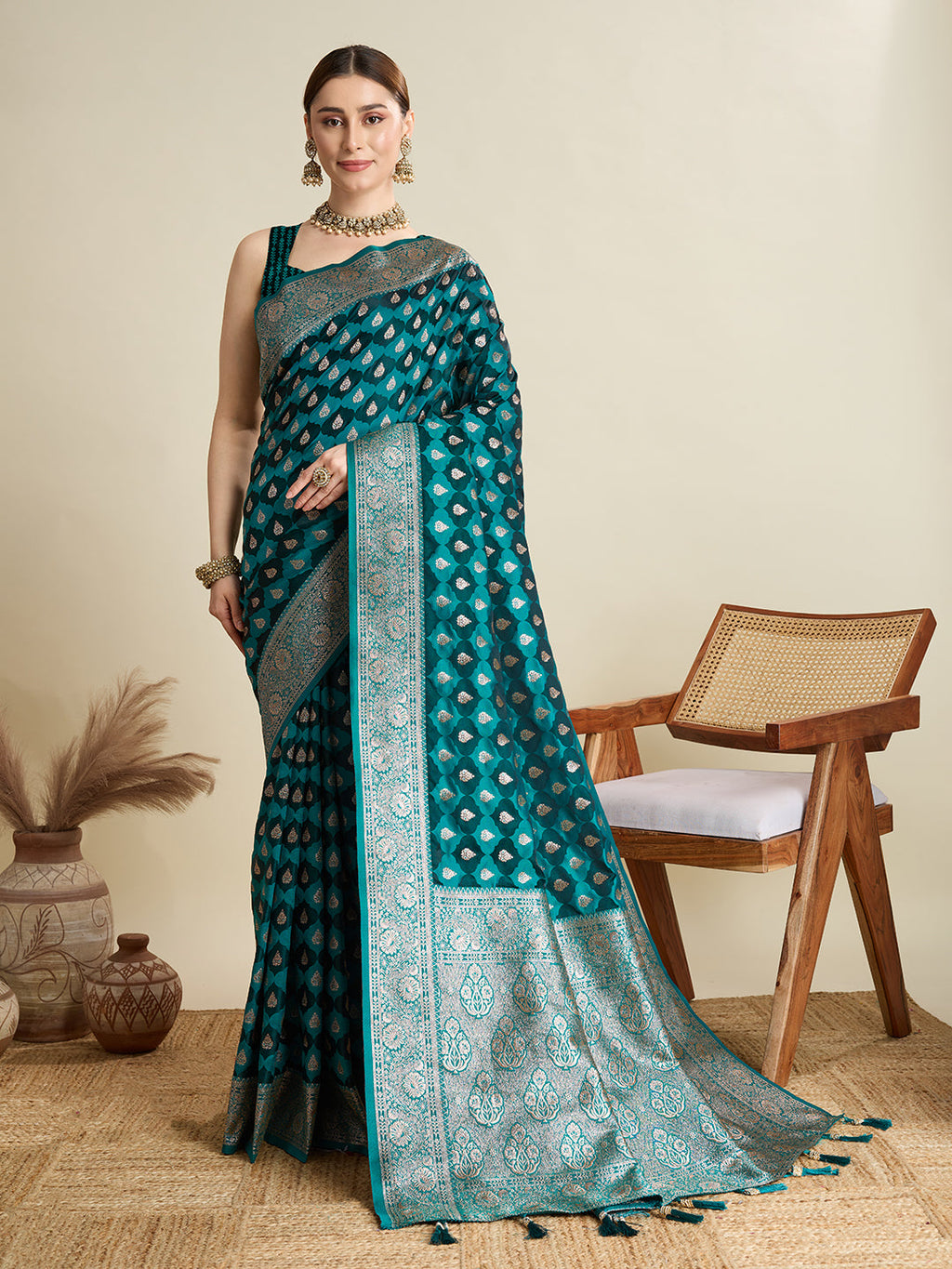 Green wedding saree in satin fabric with detailed jari motifs