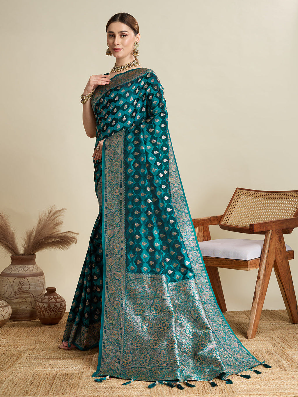 Green Satin Wedding Saree with All Over Jari Motifs