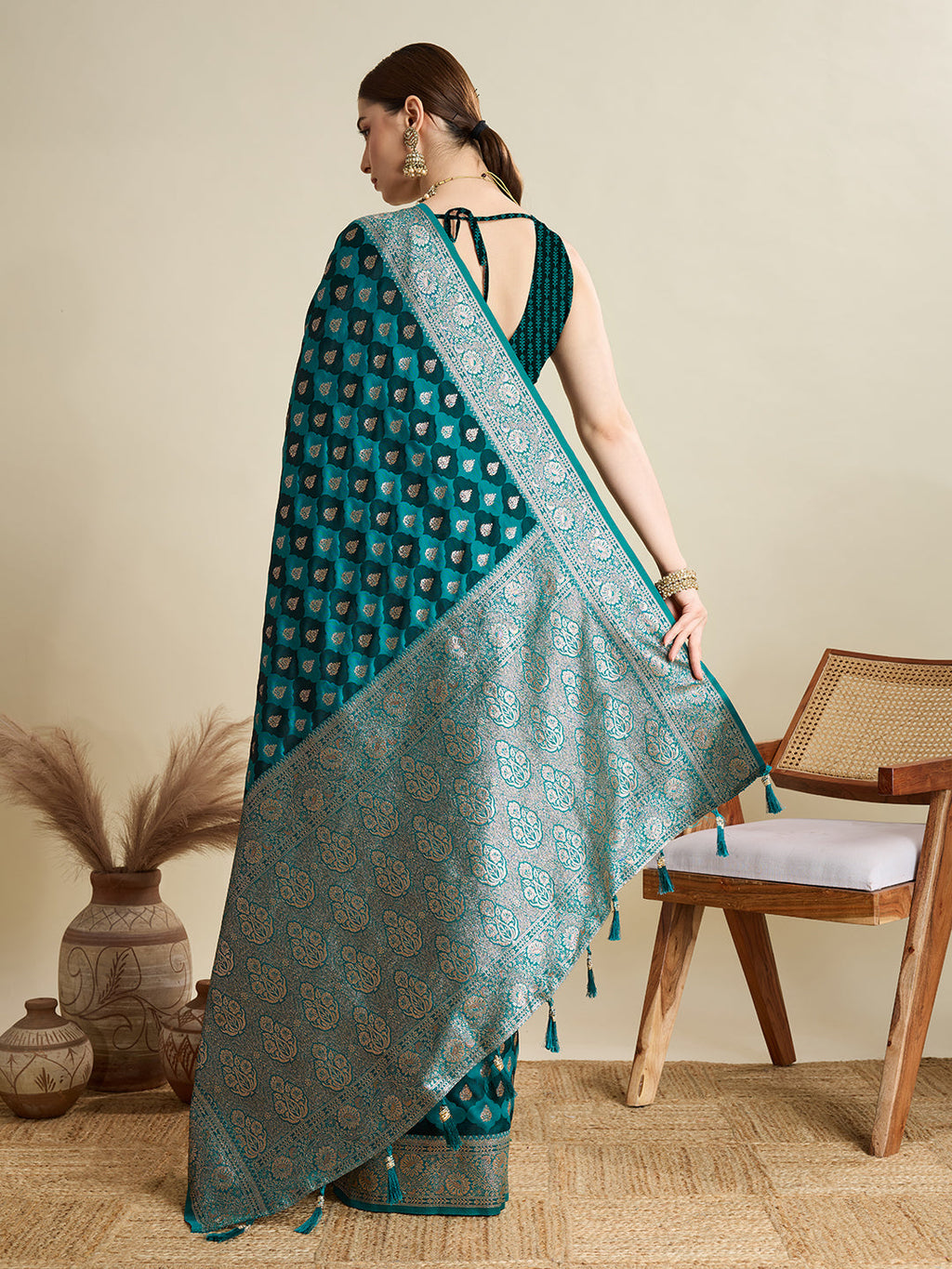 Green Satin Wedding Saree with All Over Jari Motifs