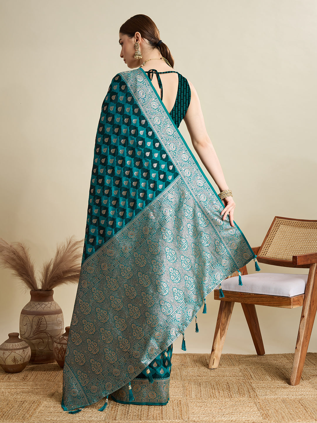 Green Satin Wedding Saree with All Over Jari Motifs