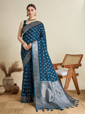 Peacock Blue satin wedding saree with golden jari motifs and unstitched blouse.
