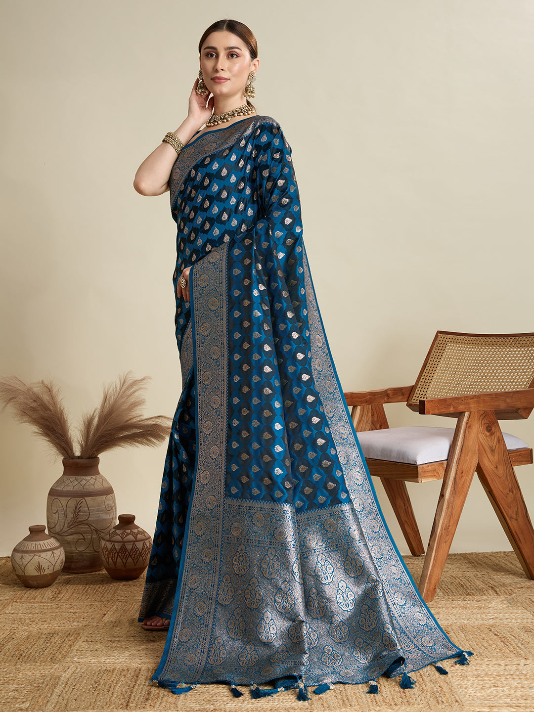 Peacock Blue Satin Saree with All-Over Jari Motifs