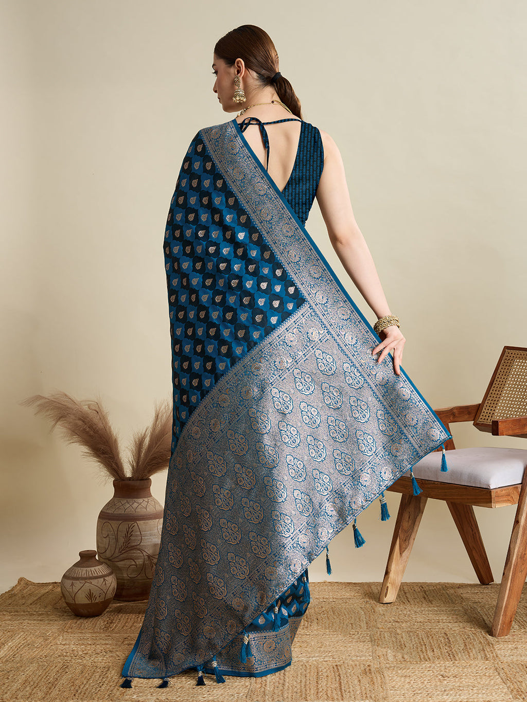 Peacock Blue Satin Saree with All-Over Jari Motifs