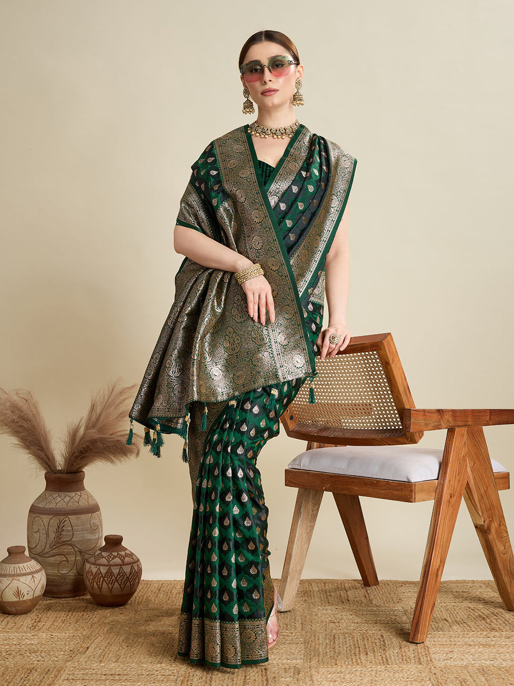 Deep Green Satin Wedding Saree with Jari Motifs and Paithani Blouse