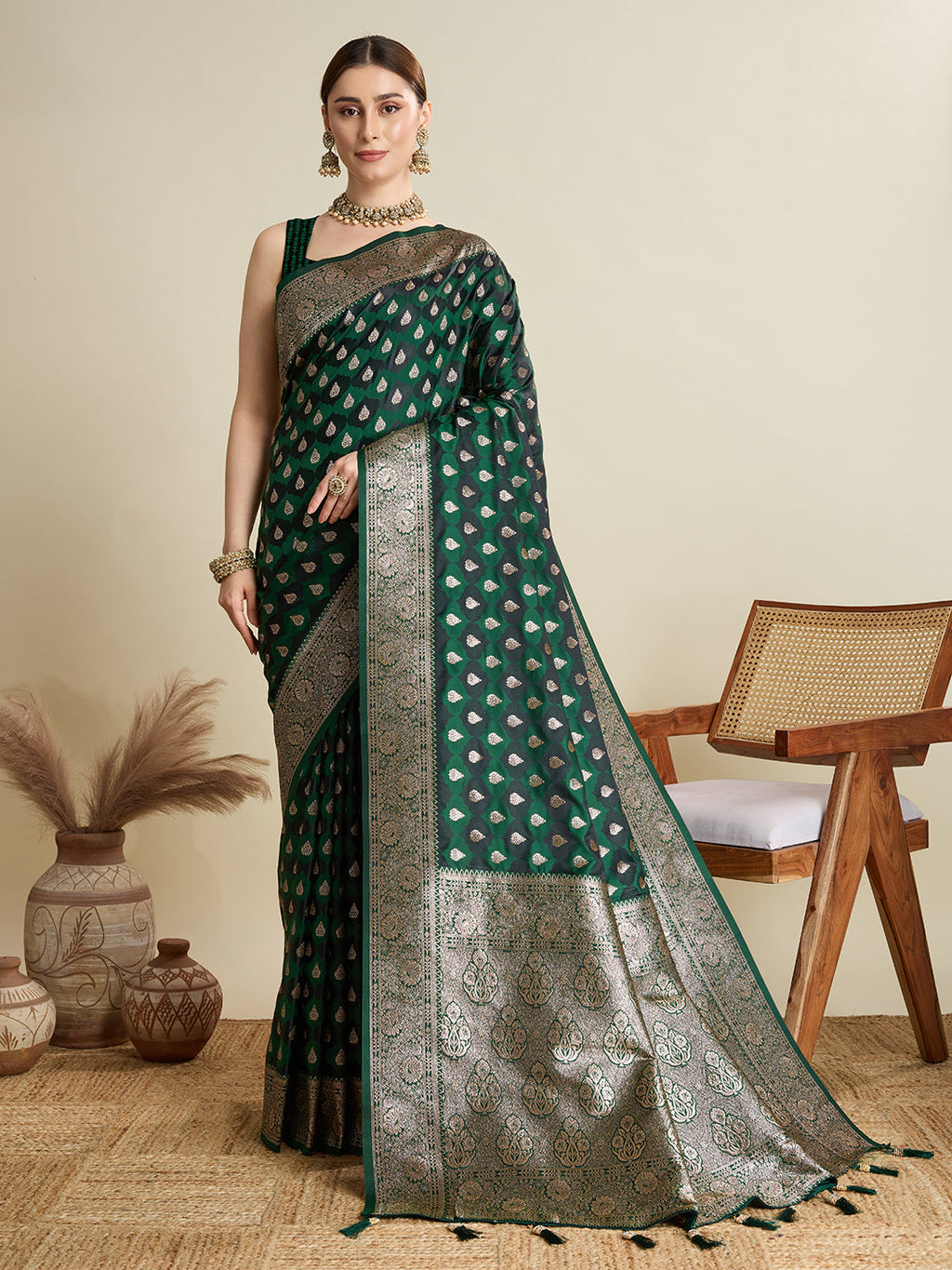 Deep Green wedding saree in satin fabric with gold Jari motifs and matching Paithani silk blouse
