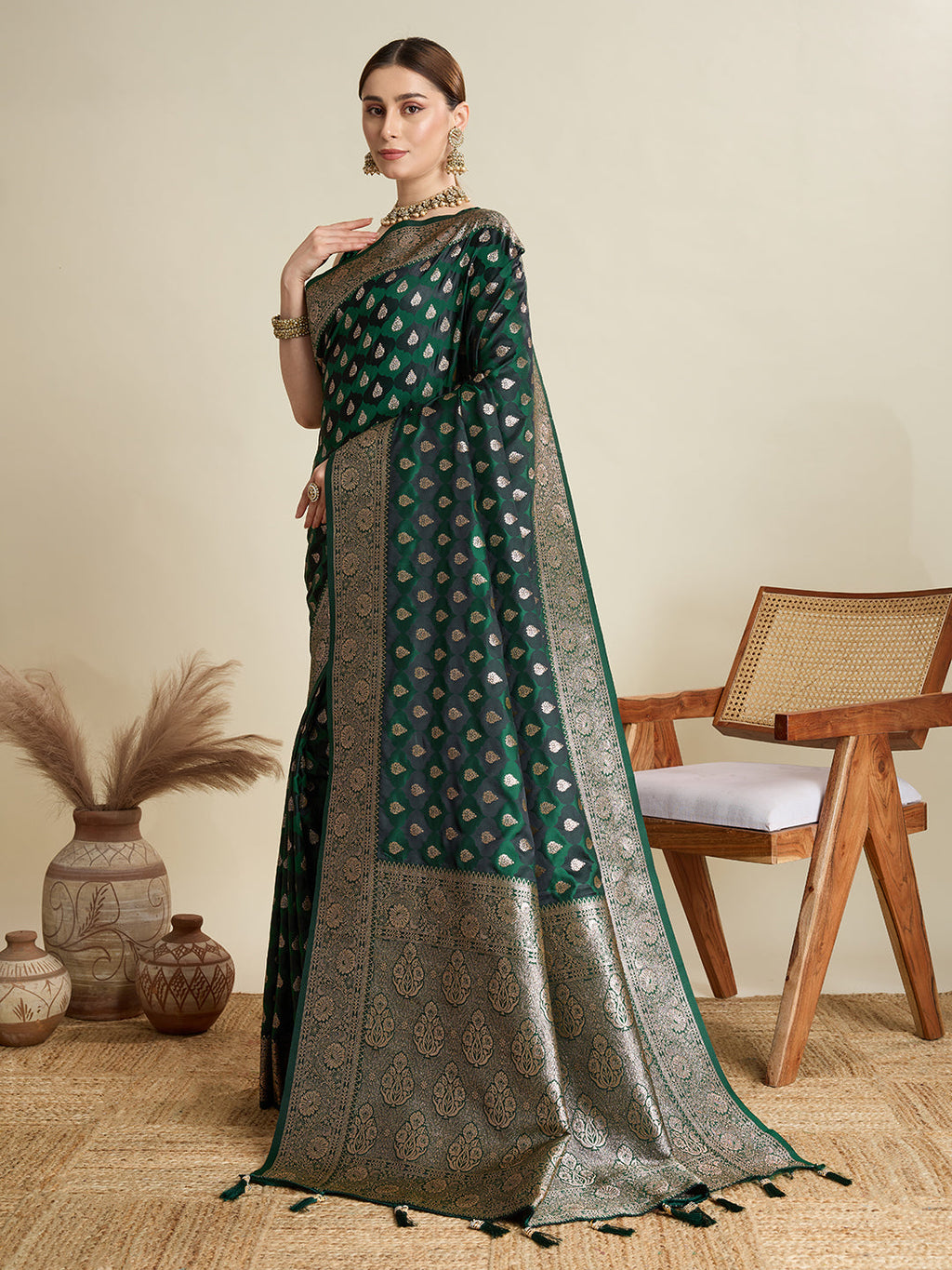 Deep Green Satin Wedding Saree with Jari Motifs and Paithani Blouse