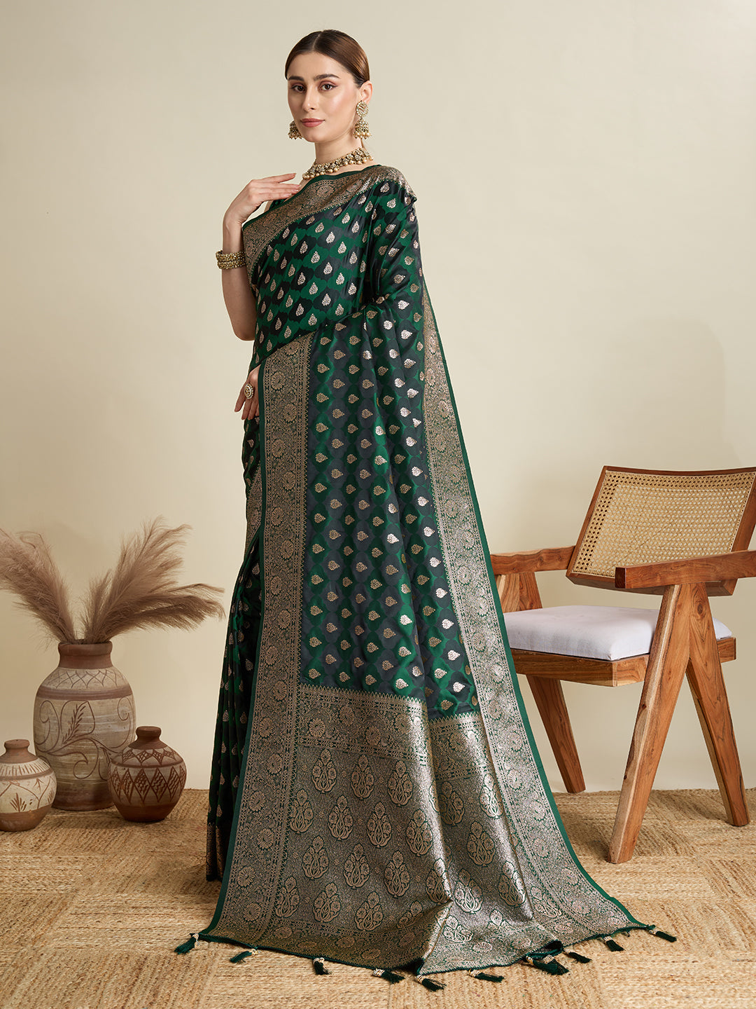 Deep Green Satin Wedding Saree with Jari Motifs and Paithani Blouse