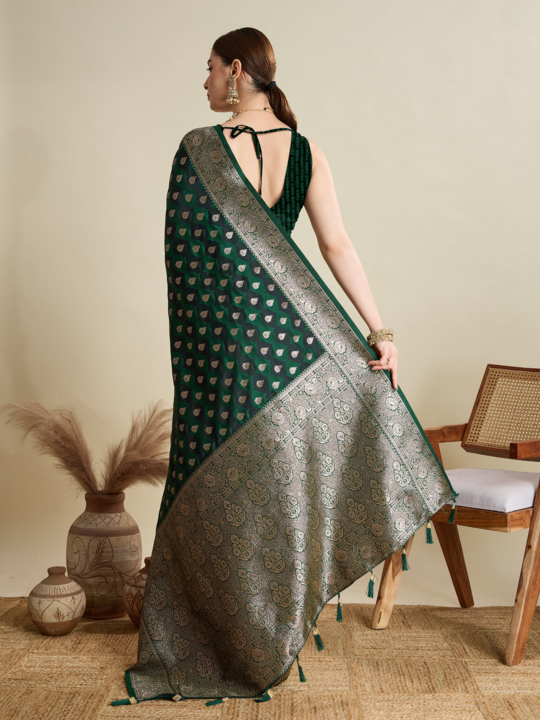 Deep Green Satin Wedding Saree with Jari Motifs and Paithani Blouse