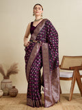 Dark purple satin saree featuring intricate Jari embroidery and an unstitched blouse piece