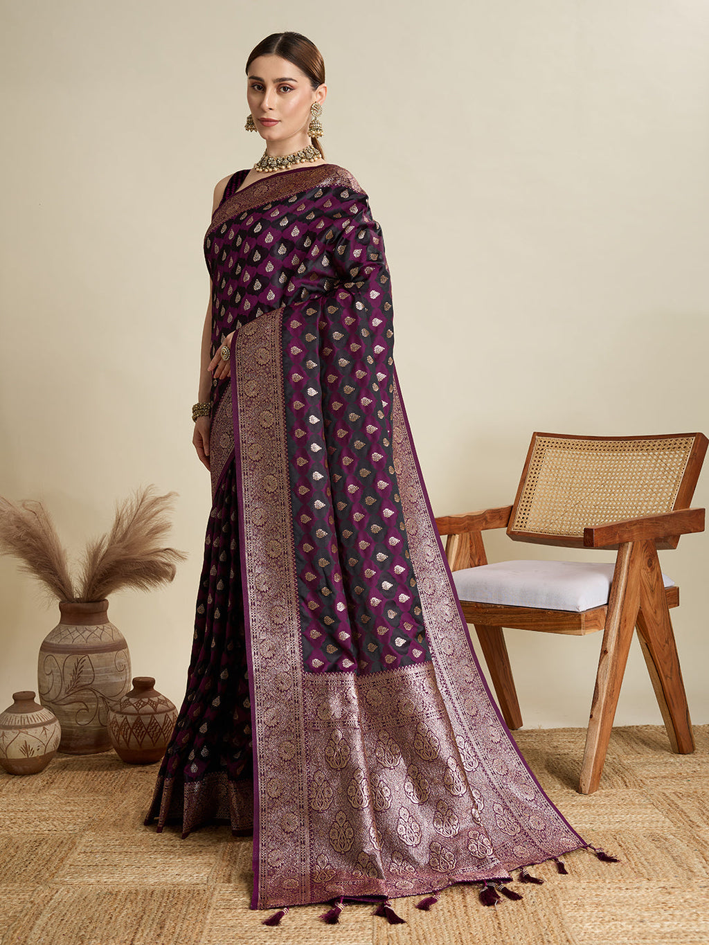 Dark Purple Satin Saree with Jari Motifs and Unstitched Blouse