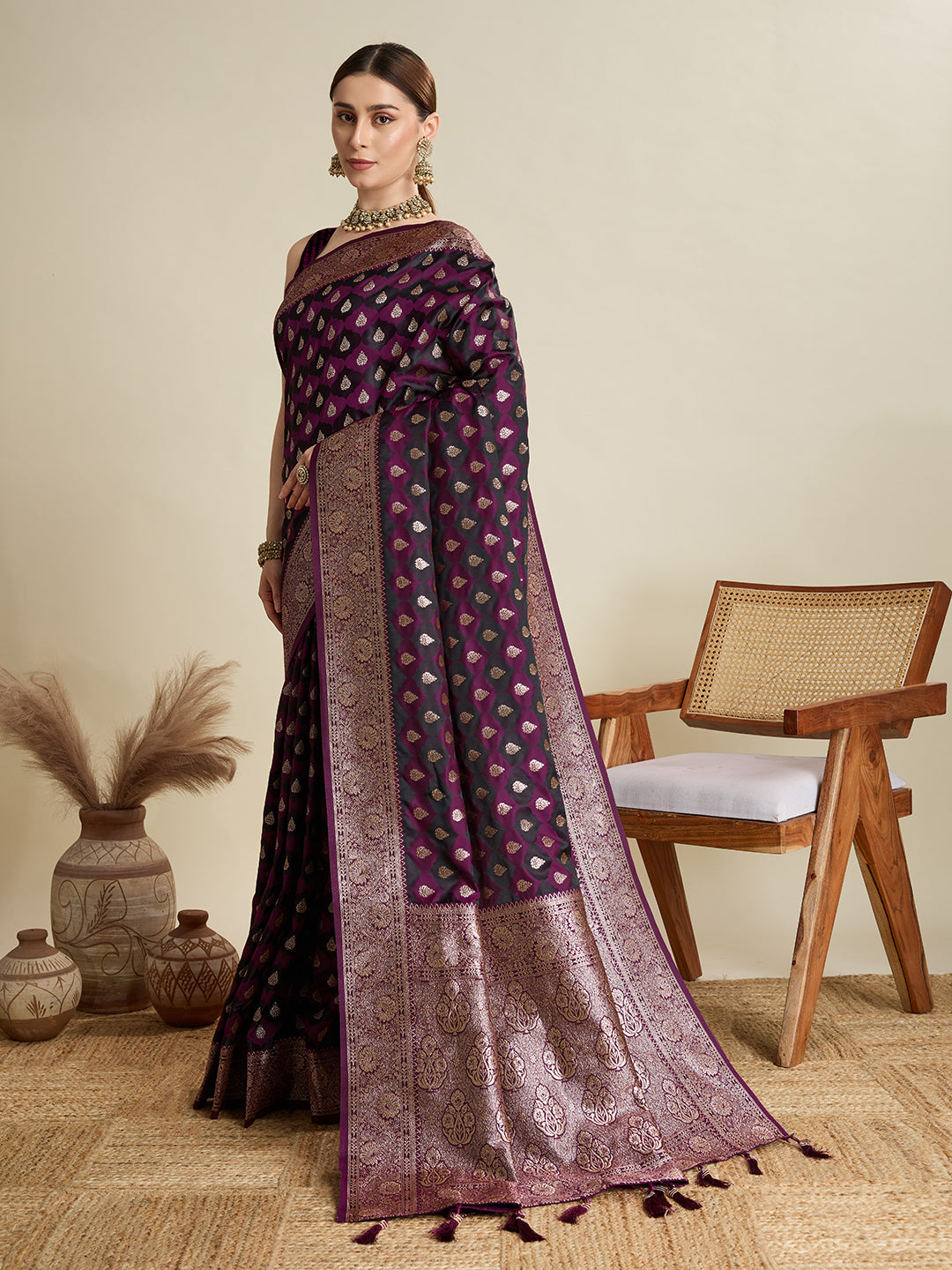 Dark Purple Satin Saree with Jari Motifs and Unstitched Blouse