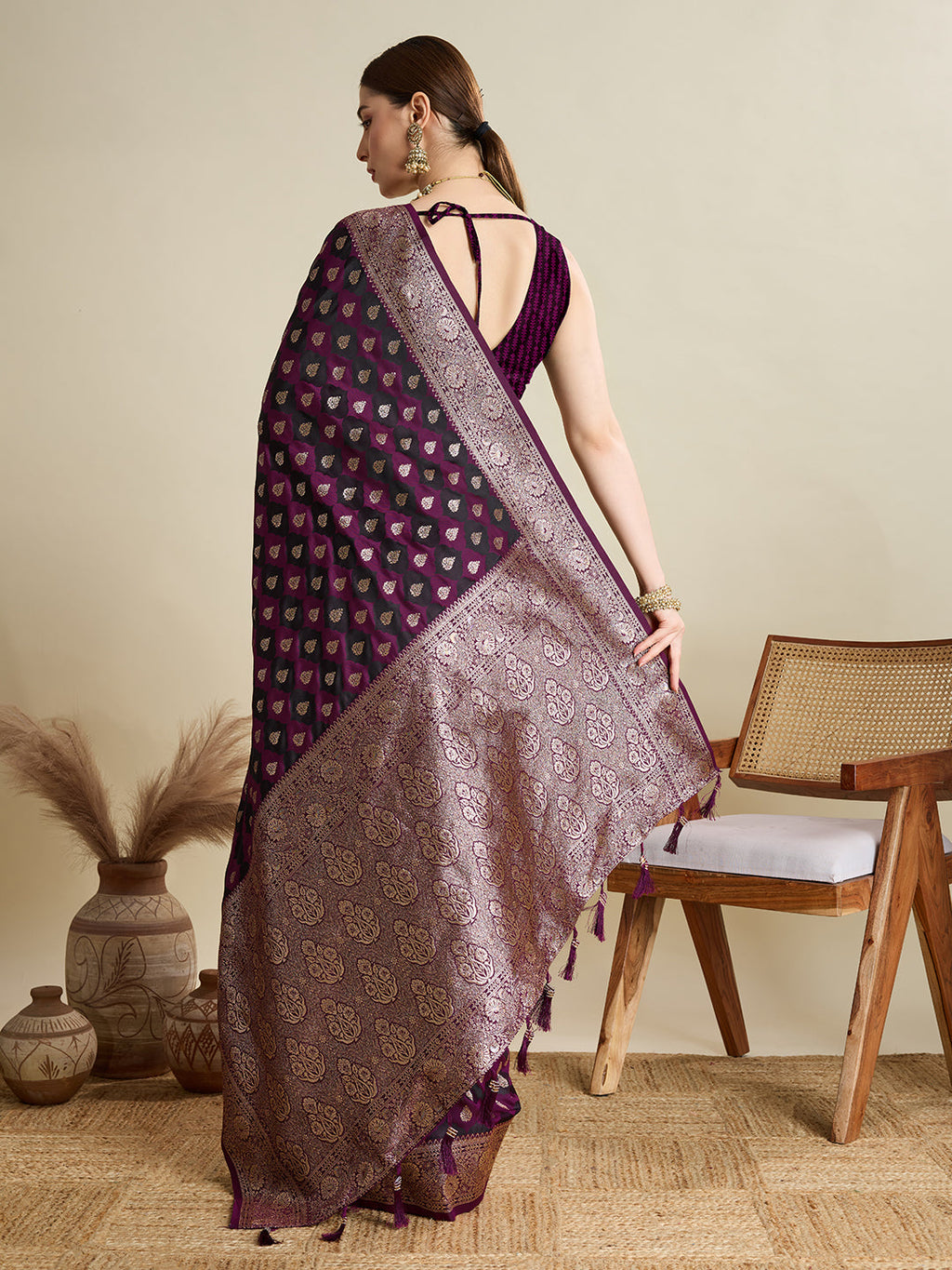 Dark Purple Satin Saree with Jari Motifs and Unstitched Blouse